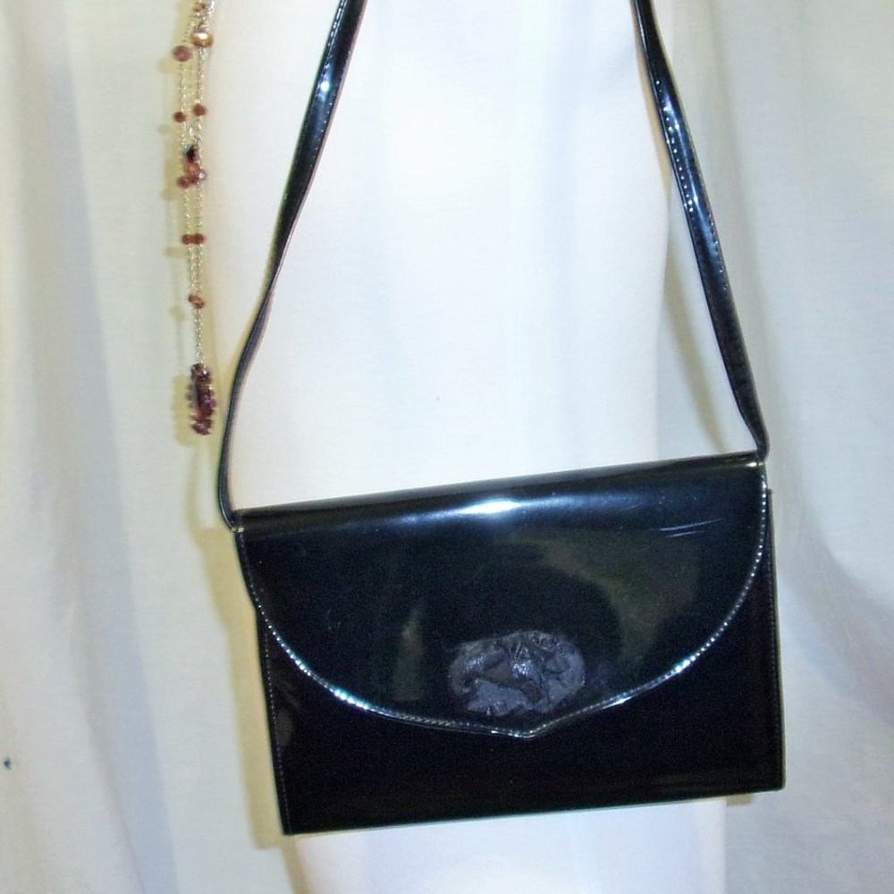 Small Faux Black Patent Handbag Rosette at Closure NWOT